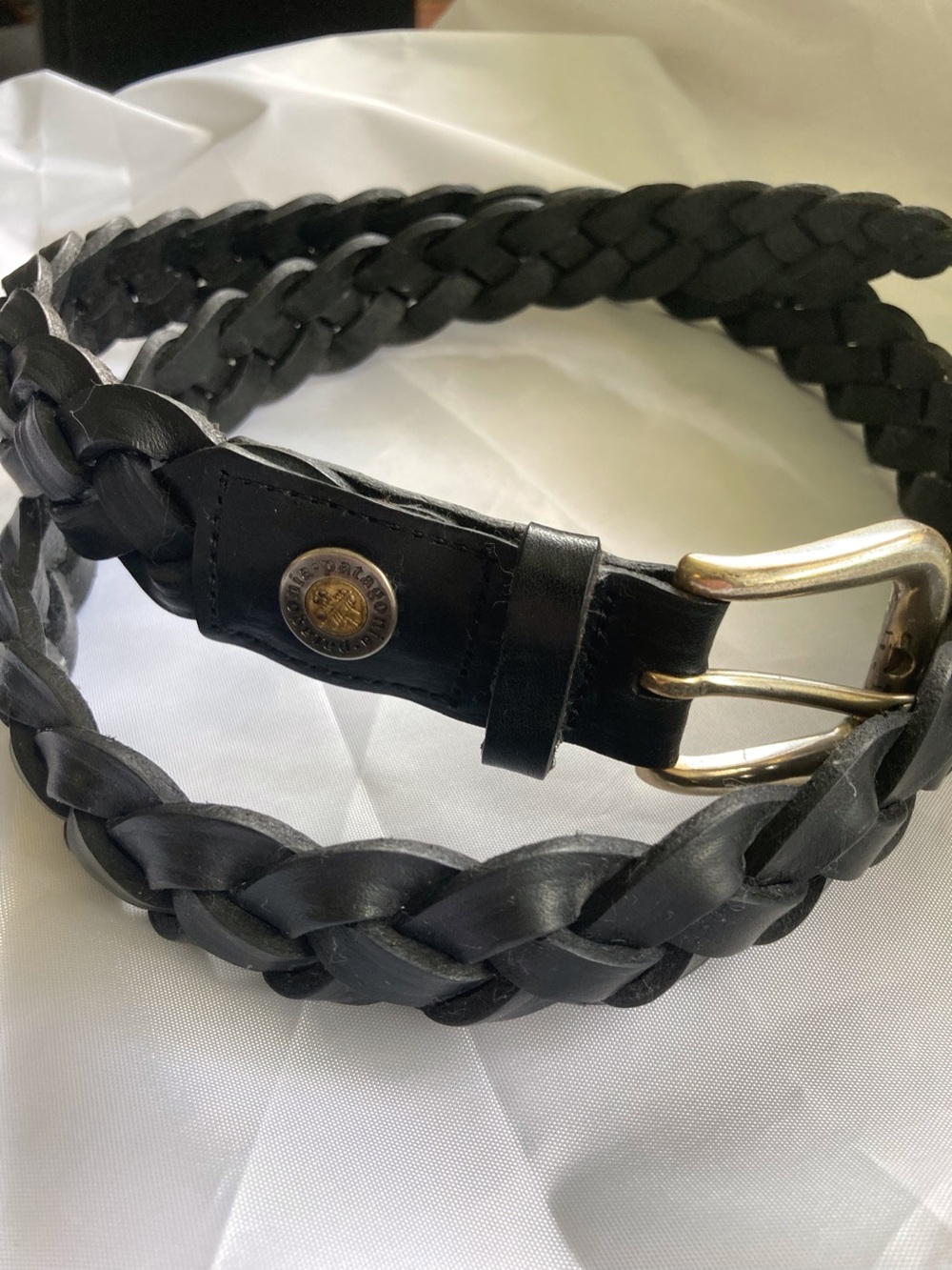 Patagonia Vintage 80’s Black Braided Leather Belt Size 34 USA 7600 Crest Mt.Logo